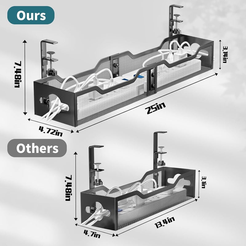 Litwaro Under Desk Cable Management Tray Black, Cable Management Under Desk No Drill, 25'' Cable Tray with Clamp for Wire Management, Cord Organizer for Office, Home - No Damage to Table - Image 2
